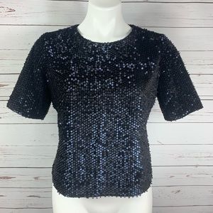 Ann Taylor Top Midnight Blue Matte Sequins BackZip